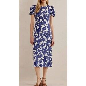 Boden Puff Sleeve Jersey Midi Dress Womens 10 Blue White Paisley Floral